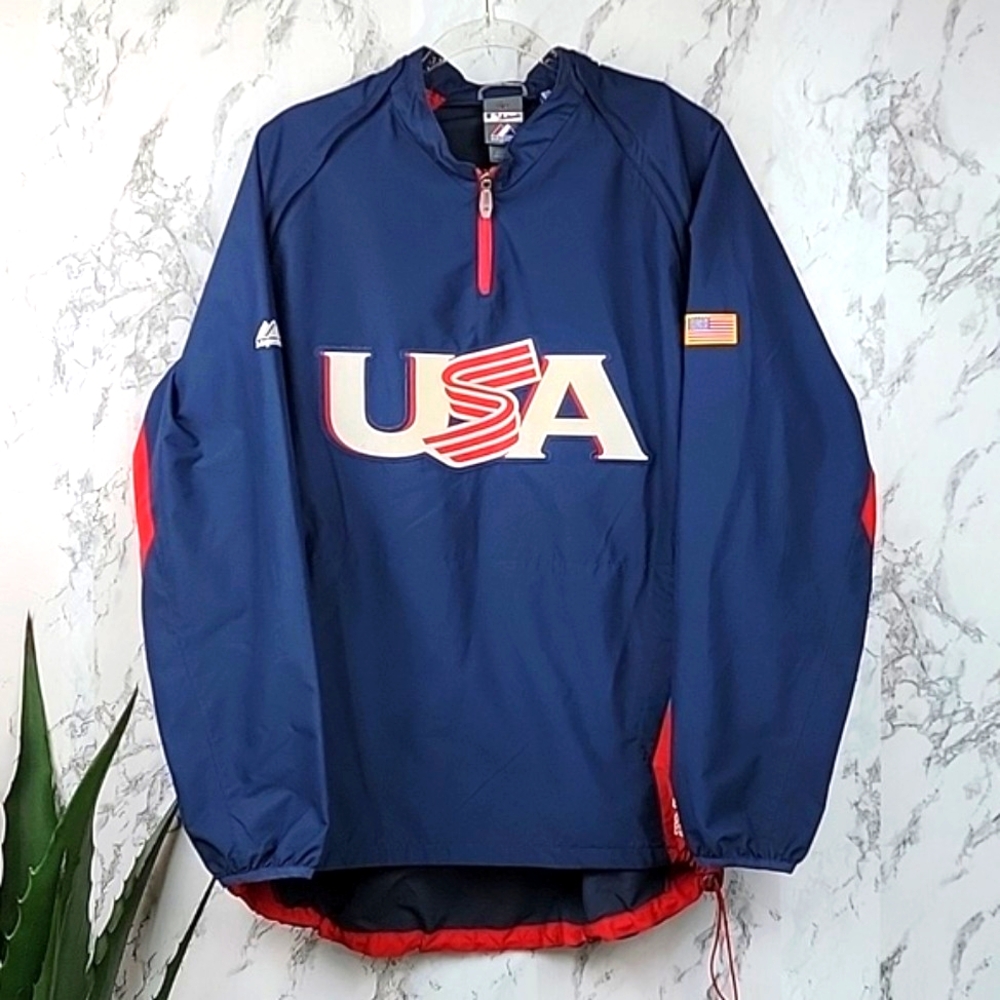 Majestic MLB Mens Team USA Olympic Baseball Pullover Windbreaker Blue Red Sz M
